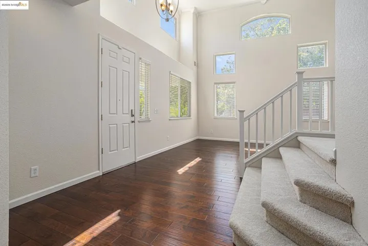 Entrance foyer with dark wood-style flooring, a high ceiling, a textured wall, and stairway