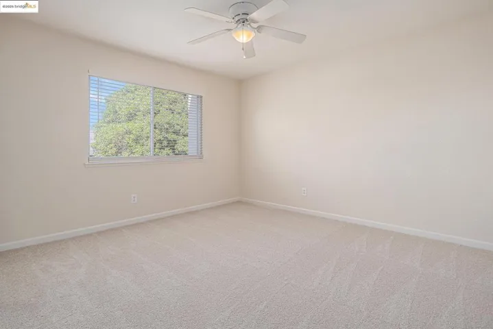 Secondary room with light carpet, closet organizer ceiling fan and new vinyl window covering.