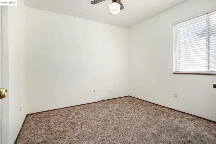 Carpeted empty room featuring a textured ceiling and a ceiling fan
