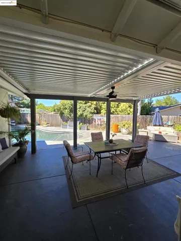 Fenced backyard featuring a patio area, an outdoor hangout area, a ceiling fan, and outdoor dining​​‌​​​​‌​​‌‌​​‌​​​‌‌​​​‌​​‌‌​​‌‌​​‌‌​​​​ area