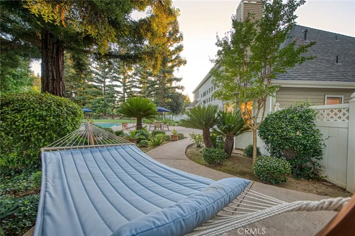 Walking path that leads you to concrete patio area with hammock under foliage and redwood trees