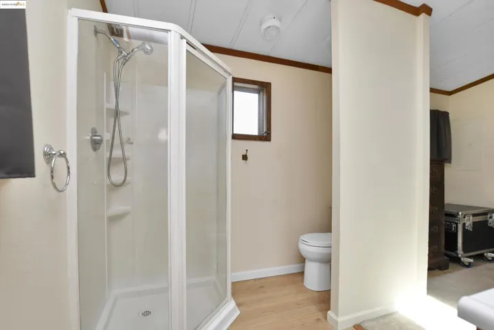Full bathroom featuring a shower stall, light wood finished floors, and ornamental molding