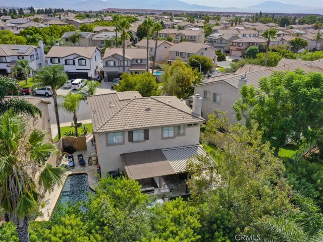 Overhead view of pool, covered patio, etc.