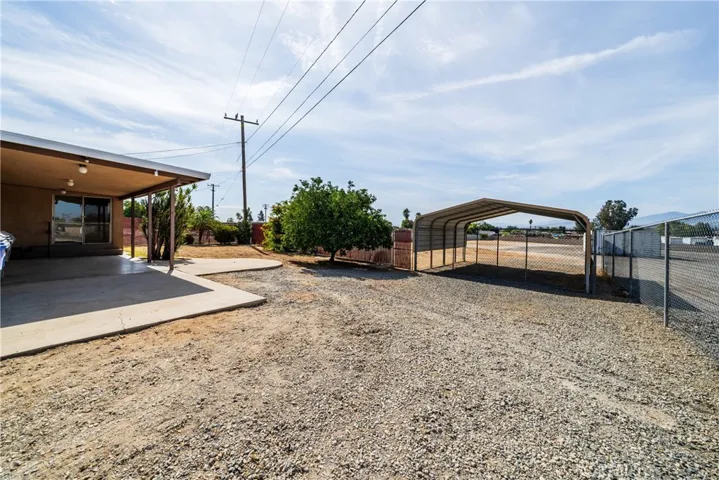 back yard covered concrete patio- orange and lemon tree