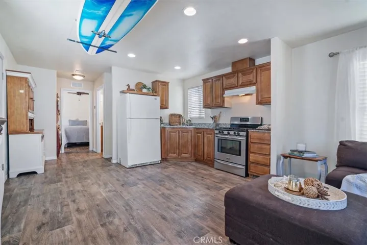 Kitchen open to the living room with space for an island