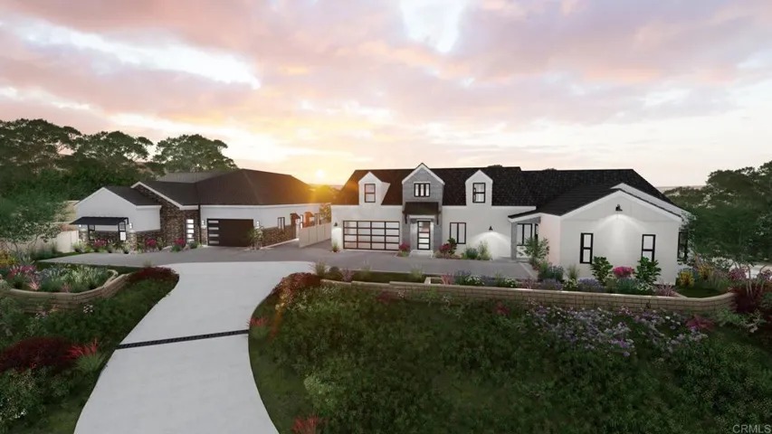 Sophisticated front view with curved drive, lush plantings, and sleek architectural lines.
