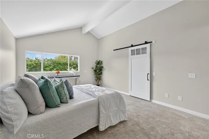 Primary suite with sliding barn door to closet