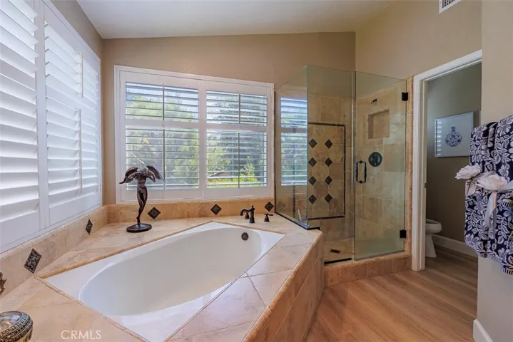 View of the tub and separate shower.