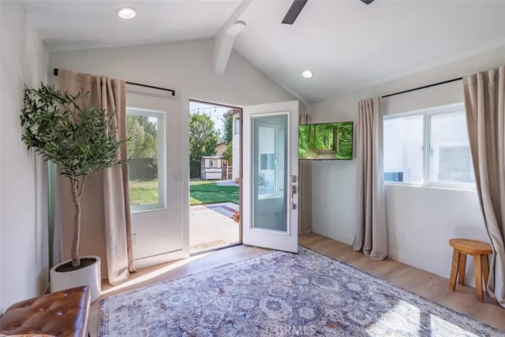 Looking out the door of the retreat and into the backyard