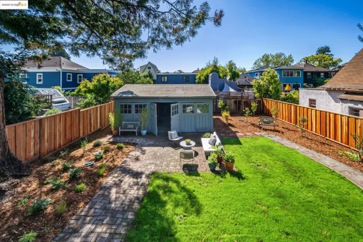 Back of house with an outdoor structure, a fenced backyard, and a residential view
