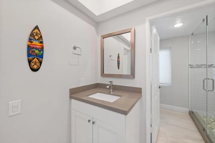 Quartz Countertop, Frameless Shower Door