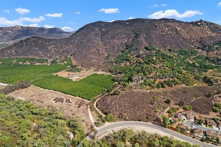 View of the entire property with paved road, entrance gate, orange grove, avocado grove and house