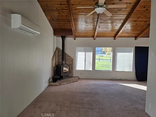 mini-split and woodstove and ceiling fan