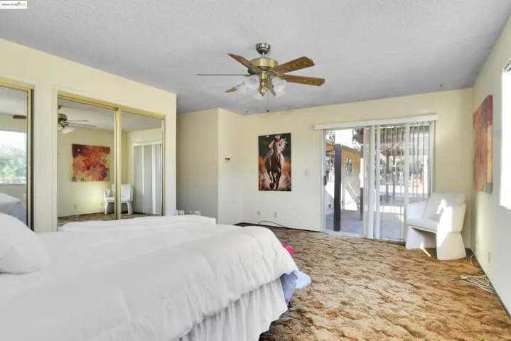 Carpeted bedroom with a textured ceiling, ceiling fan, access to outside, and multiple closets