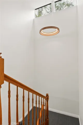 One view of the newly carpeted staircase with new light fixture