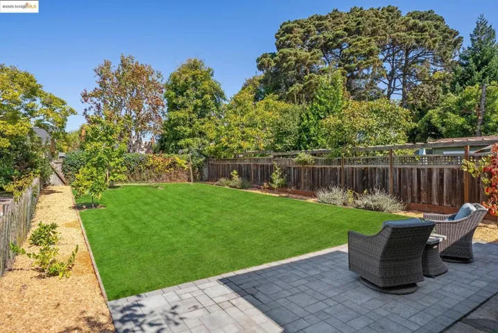 Fenced backyard with a patio