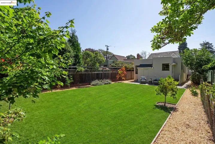 Fenced backyard with a patio area