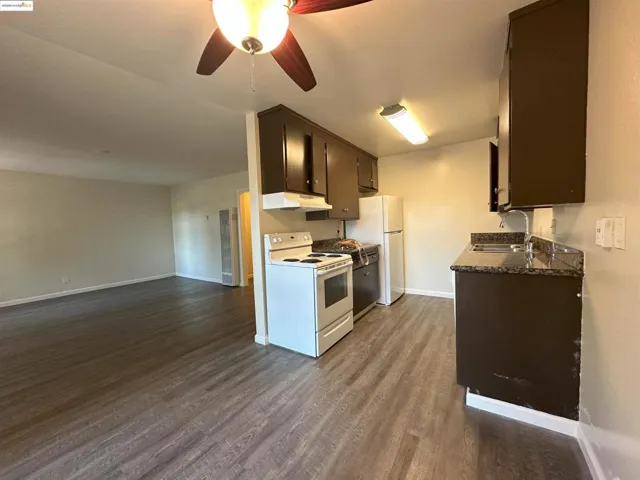 Kitchen with white appliances, ceiling fan, dark wood finished floors, under cabinet range hood, and open floor plan