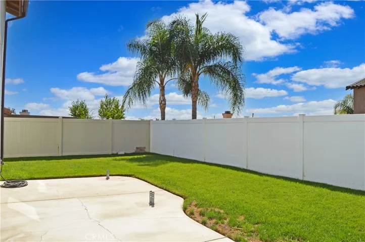 Nice-Sized Backyard with Concrete Patio, Lush Lawn, Vinyl Fencing by Neighbors & Wrought Iron Fencing to Enjoy Green Space Views to North