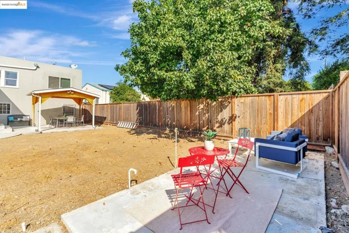 Fenced backyard with a patio area and an outdoor hangout area