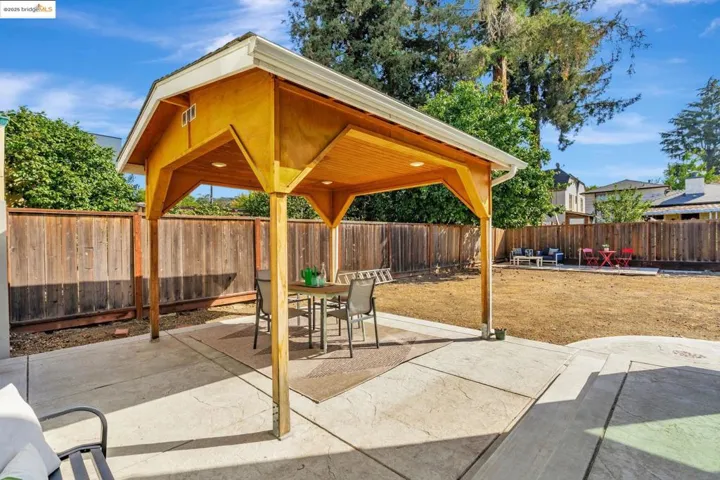 Fenced backyard featuring a patio area and outdoor dining area