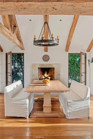 Dining room with fireplace.