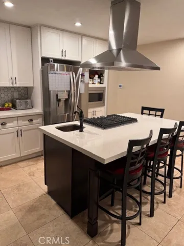 Island with cooktop burners and chef sink