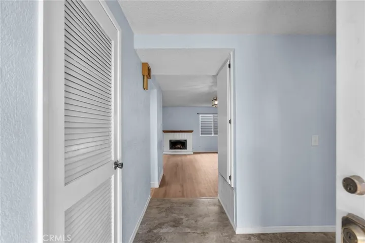 View from Entry Door looking through hallway and living room to Fireplace