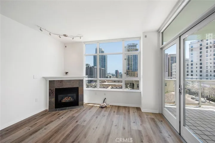 Fireplace feature with downtown backdrop