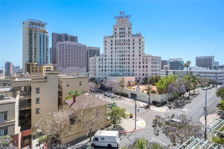 Balcony views toward historic downtown buildings