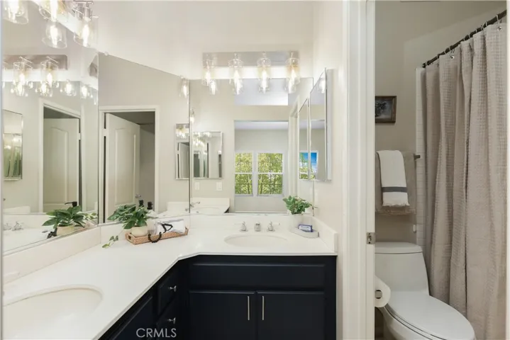 Primary bathroom w/ Sherwin Williams "naval" cabinets & new light fixtures