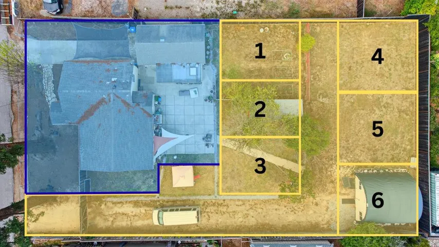 Illustration only of pending lot split and plan for 6 lots on the new back parcel.