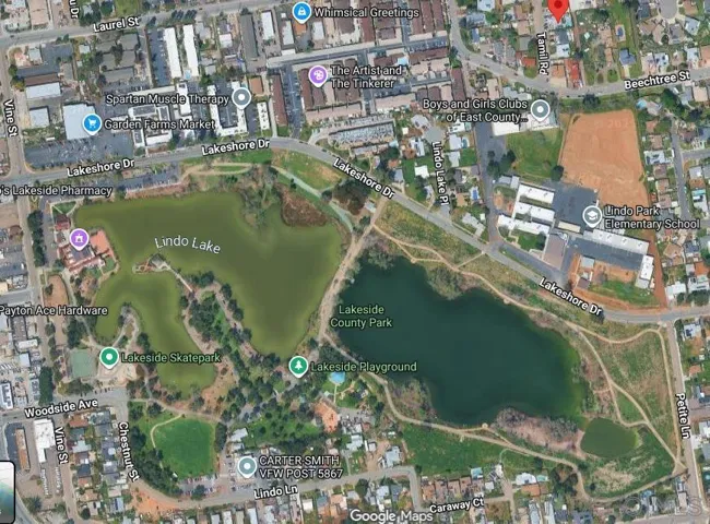 Red marker shows the distance to Lindo Lake and Elementary School.