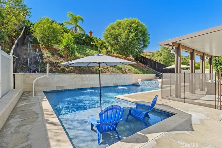 Baja shelf for lounging, waterfalls and built-in basketball hoop.