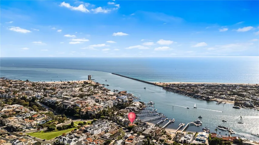 Aerial w/Red Pin Drop on Estate-CDM Beach, Begonia Park, Newport Harbor Opening, Iconic Wedge Surf Break, Balboa Peninsula, Catalina Island, View Southwest