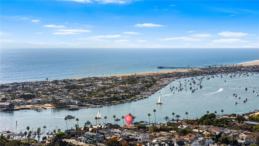 Aerial w/Red Pin Drop on Estate-Catalina Island, Balboa Peninsula, Balboa Pier, Newport Harbor/Beach, View Northwest