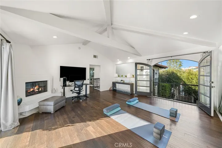 Yoga Studio (Convertible Room)-Vaulted Beamed Ceiling/Fireplace (see-through indoor/outdoor)/Massage Chair/Yoga Mats/Mounted Smart TV/Mirrored Wall/French Doors Front Courtyard Foyer Below/Sun Drenched Morning & Afternoon/CDM Village,Newport Coast,Mountains View East