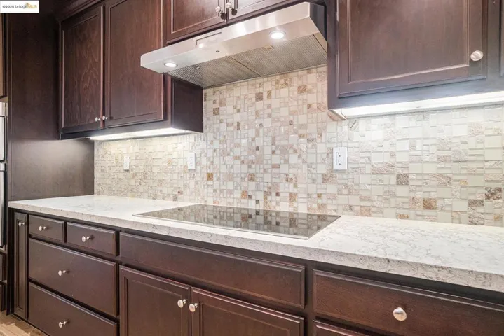 Kitchen featuring under cabinet range hood, dark brown cabinetry, black electric stovetop, and tasteful backsplash