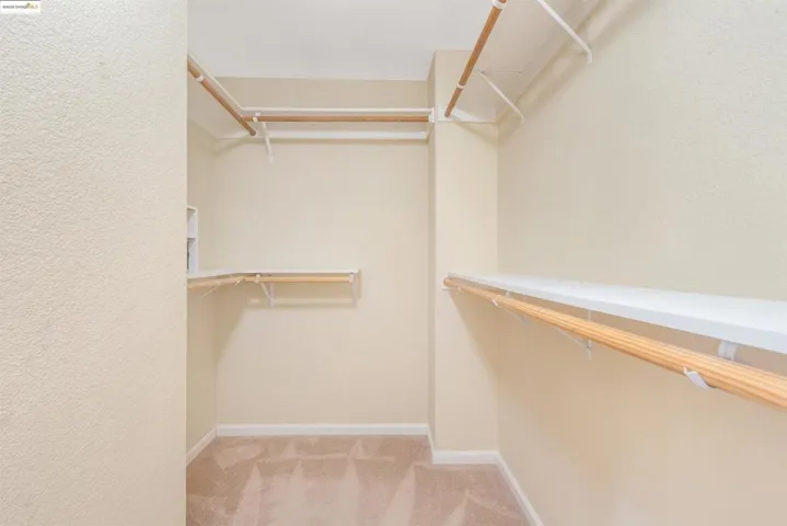 Walk in closet with light colored carpet