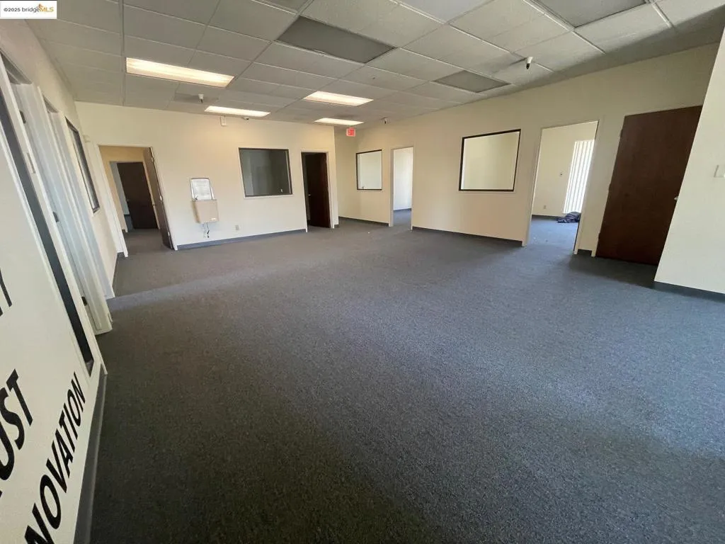 Empty room with a drop ceiling and dark colored carpet