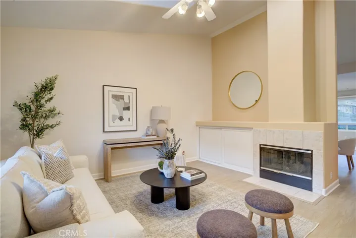 Main living area with cozy fireplace