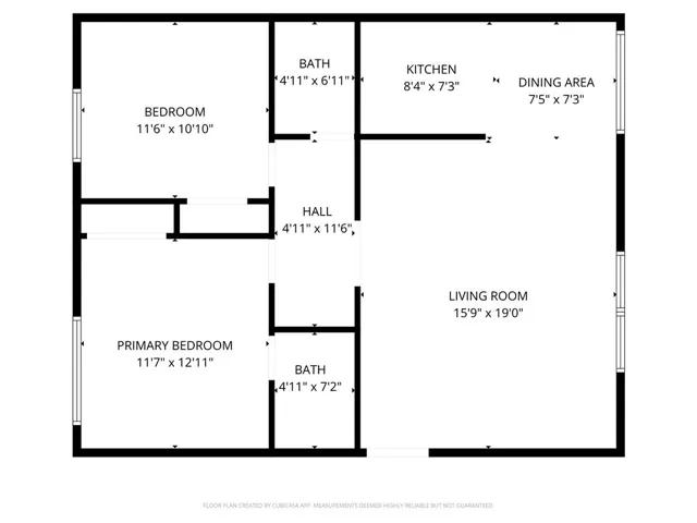 Sample floorplan of the 2 bd, 2 ba layout. Dimensions not verified. Image provided by CubiCasa