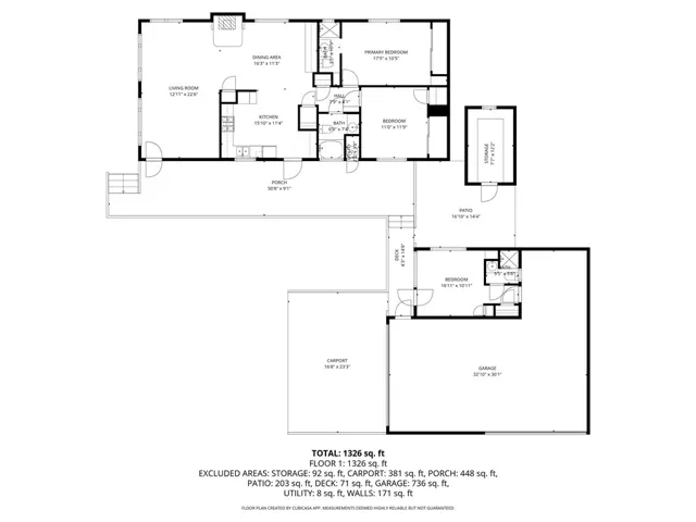 Approximate floor plan - additional shed to right of garage not shown.