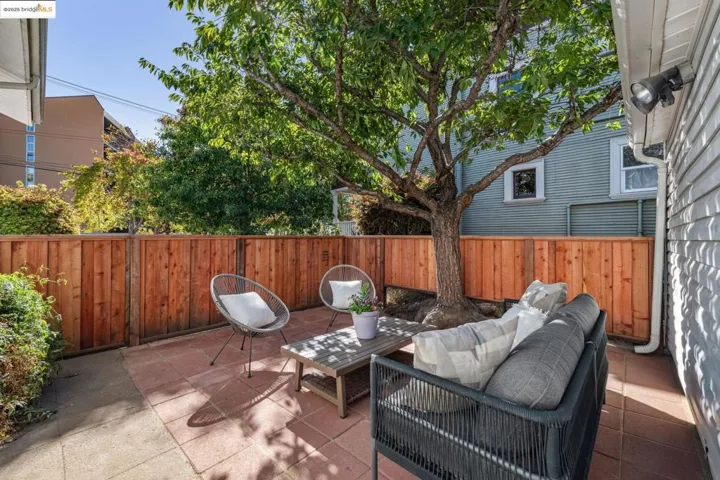 Fenced backyard featuring a patio and an outdoor hangout area