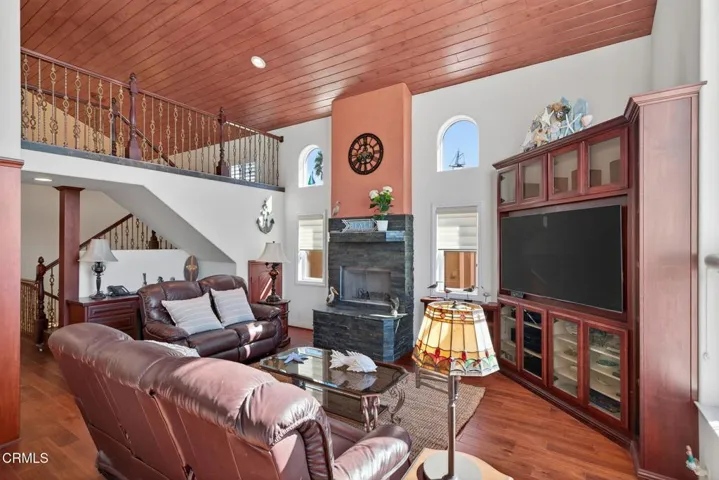Family room with soaring ceilings