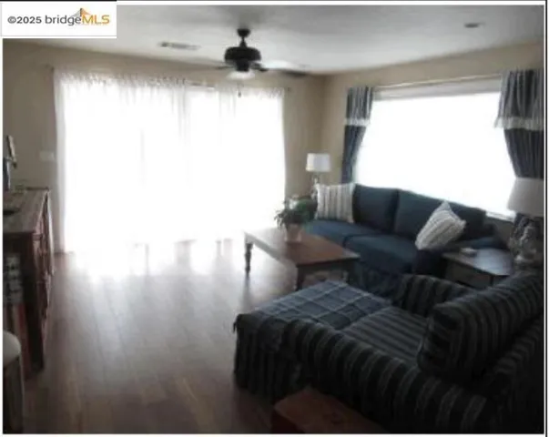 Living area featuring ceiling fan and wood finished floors