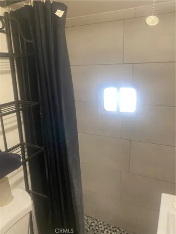 Shower adjacent to plenty of cabinet space.