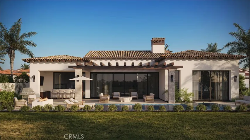 Architectural rendering – covered patio with lounge, barbecue, and fire feature designed for seamless indoor-outdoor living.