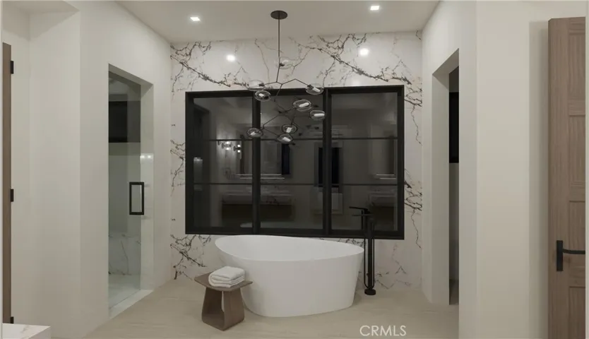 Architectural rendering – primary bath with freestanding soaking tub and natural stone finishes.