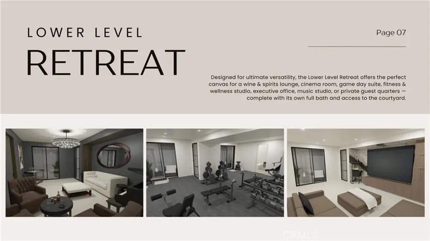 Architectural rendering – lower-level retreat offering flexible space for cinema, fitness, wine lounge, or wellness studio.